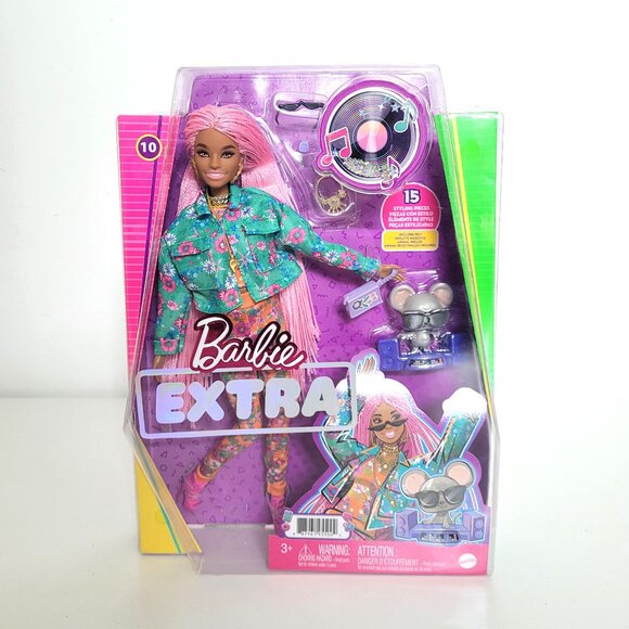 Barbie Extra #10 Pink Hair Doll in Flower Print Outfit Mouse DJ Mattel - NRFB - Picture 1 of 2